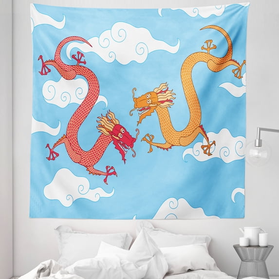 Dragon Tapestry, Fantasy World Surreal Creatures in the Cloudy Sky, Fabric Wall Hanging Decor for Bedroom Living Room Dorm, 5 Sizes, Sky Blue Multicolor, by Ambesonne