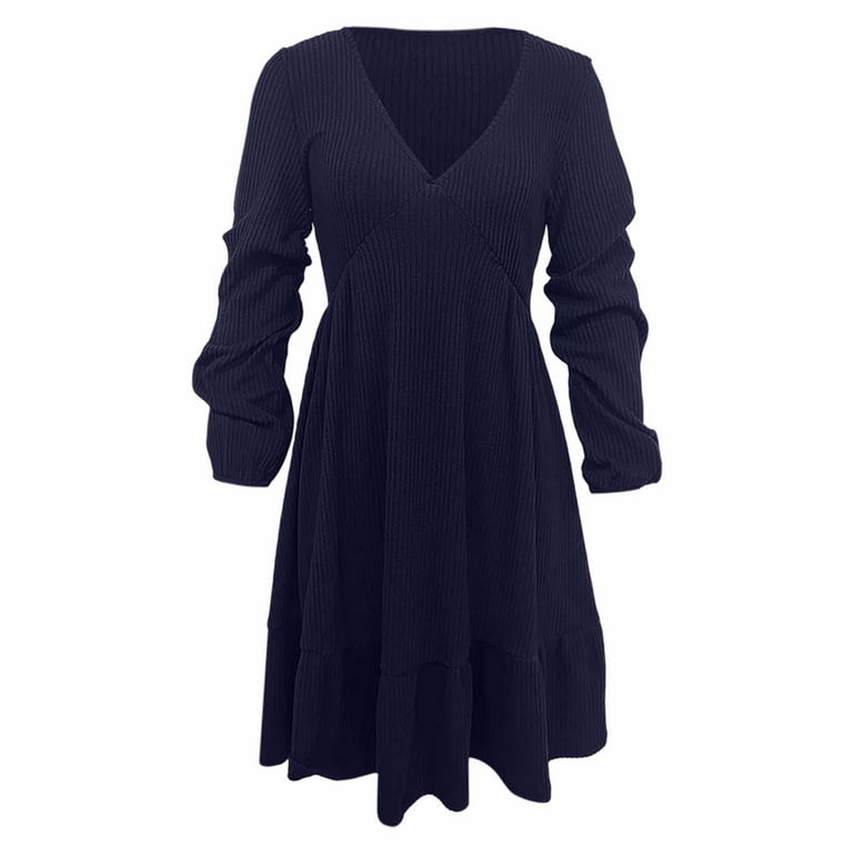 Letdown Spring Fall Dresses for Women Long Sleeve V Neck Lightweight Textured Ribbed Knit Empire Waist Casual A Line Swing Mini Dress, Women's, Size:
