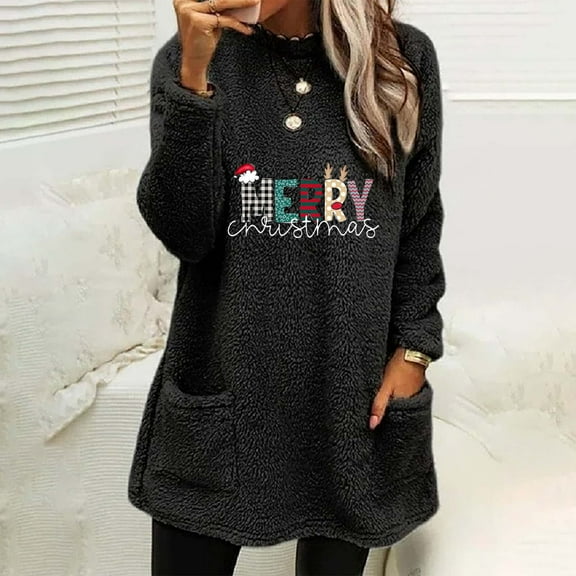 Uootdi Christmas Womens Fleece Lined Gift Long Sleeve Sweatshirts Sherpa Fuzzy Cute Tops Pullover Warm Winter Trendy Clothing F unny Xmas
