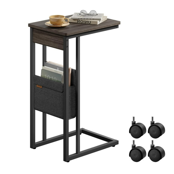 VASAGLE Table d'Appoint en Forme de C, Table de Bout avec Roues, Table en C pour Canapé, Sofa, avec Sac de Rangement, Pieds Réglables, pour Chambre, Salon, Brun Cendré ULET357K74