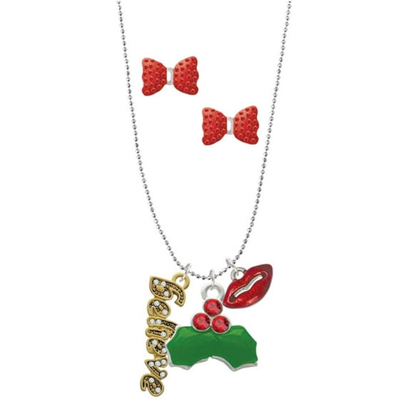 Delight Jewelry Goldtone Crystal Script ''Believe'' Christmas Kiss Charm Necklace and Stud Earrings