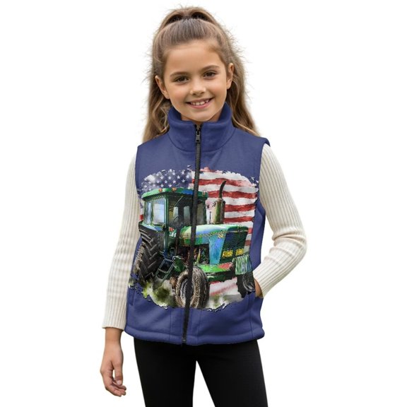 Uorisanigo Girls Boys Zippered Vest Puffy Fleece Jacket Fashion Tractor American Flag Sleeveless Full Zipper Outwear with Pockets Fall Winter Clothes Stand Up Collar Vest 2-12 Years