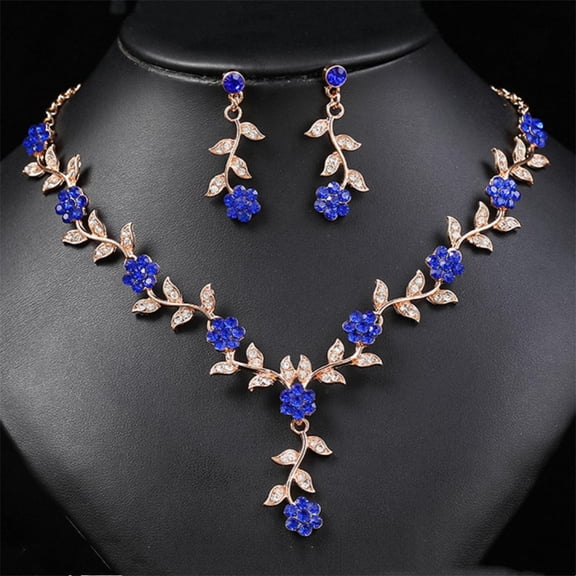 Women Earring Necklace Set Exquisite Rhinestone Pendant Vintage Plum Blossom with Colourful Diamonds Necklace Chain Wedding Jewelry