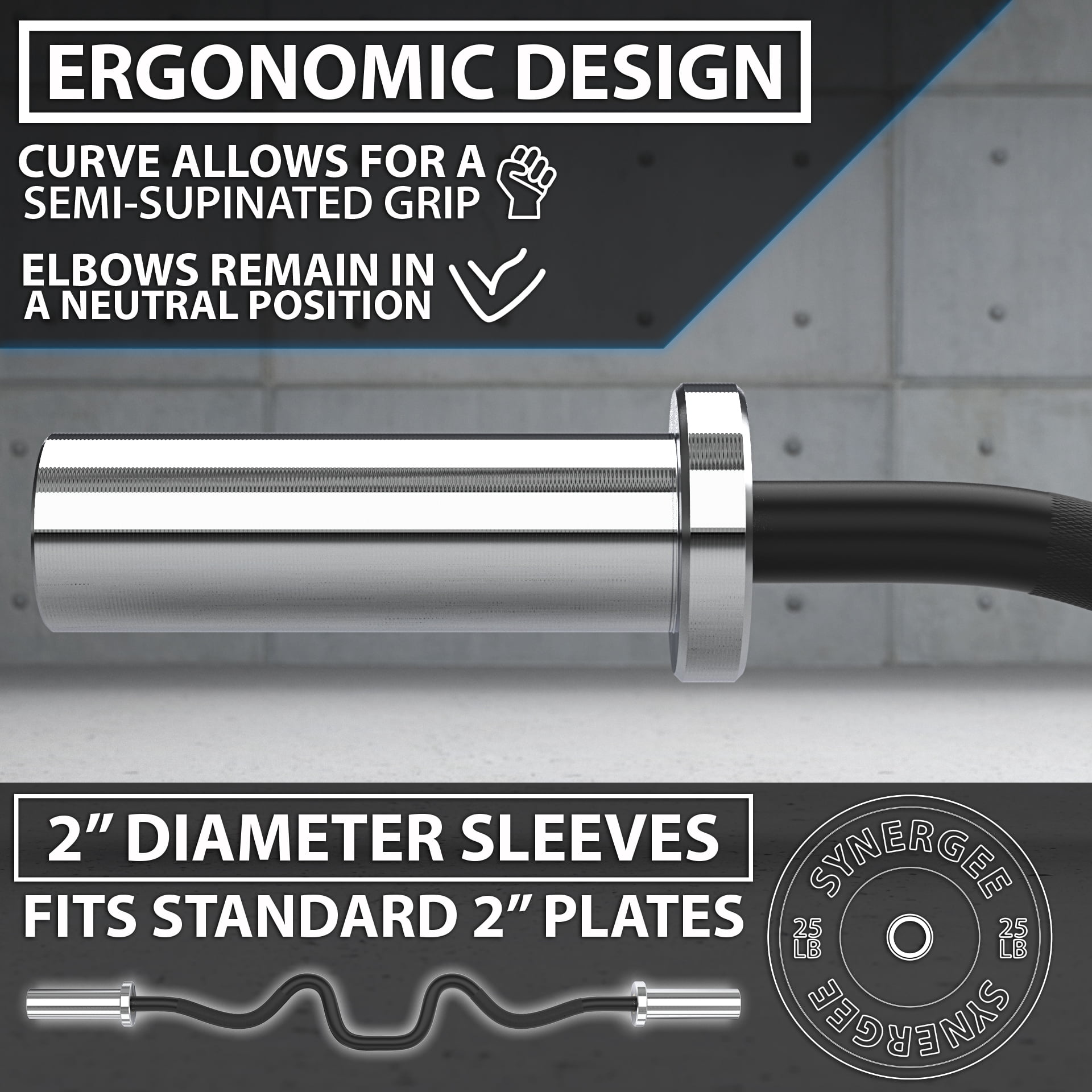 Synergee Commercial Super Easy Curl Olympic Bar Chrome Sleeves and Black Phosphate Shaft Excellent for Bicep Curls and Triceps Extensions
