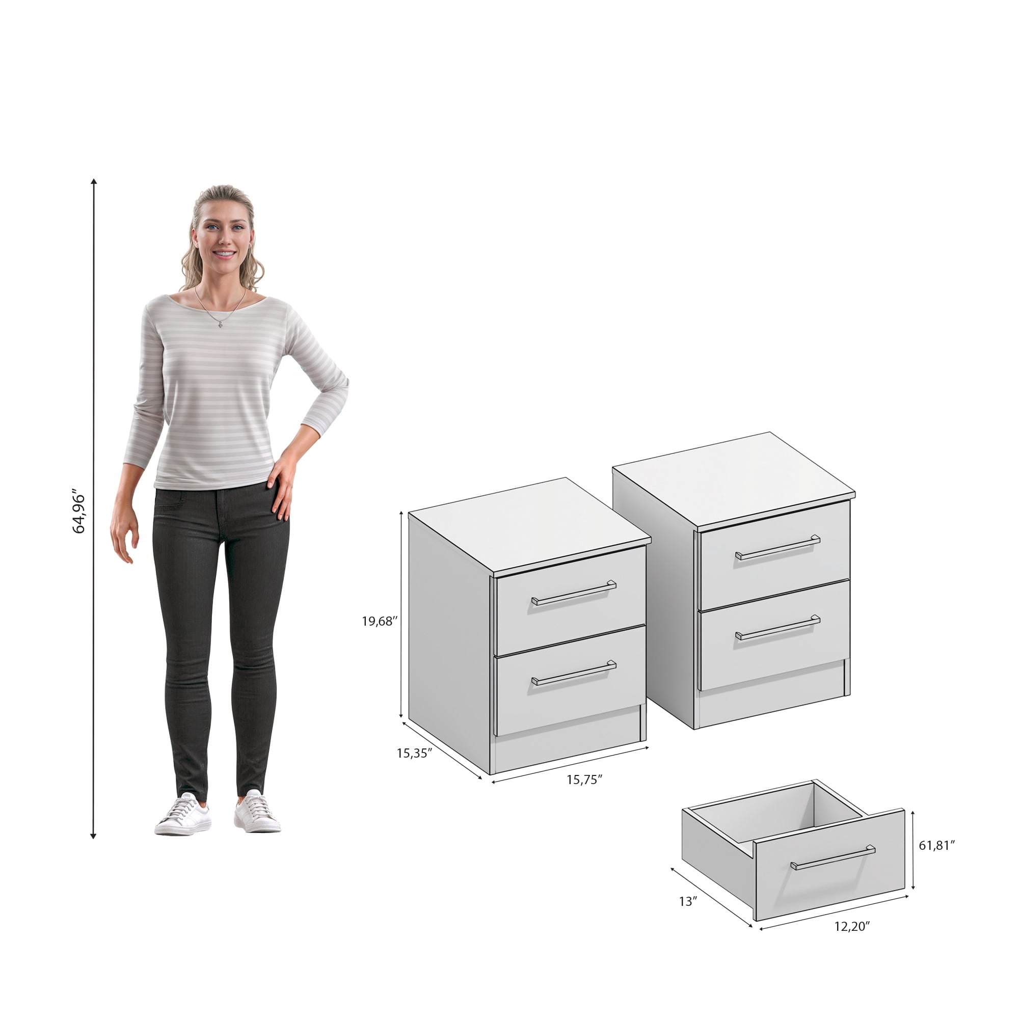 Kappesberg Jolyne 2-Drawer Nightstand Set of 2 with Gold Handles, Black – Modern Bedroom Storage for Adults and Teens