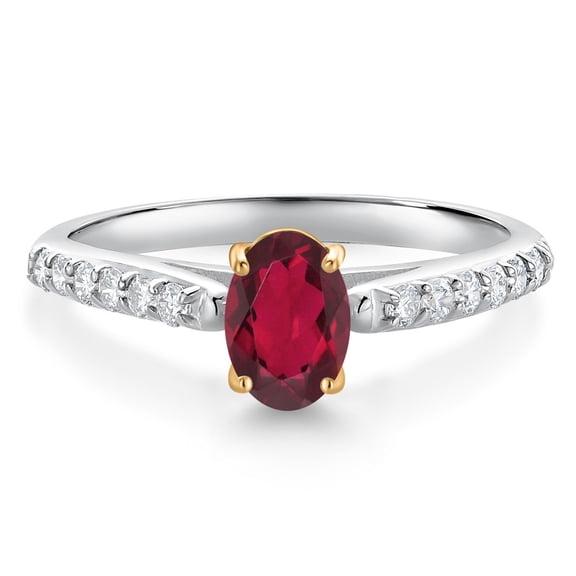 Gem Stone King 10K White and Yellow Gold Ruby Red Mystic Topaz and White Lab Grown Diamond Engagement Ring for Women (0.98 Cttw, Oval 7X5MM, Gemstone Birthstone, Size 8)
