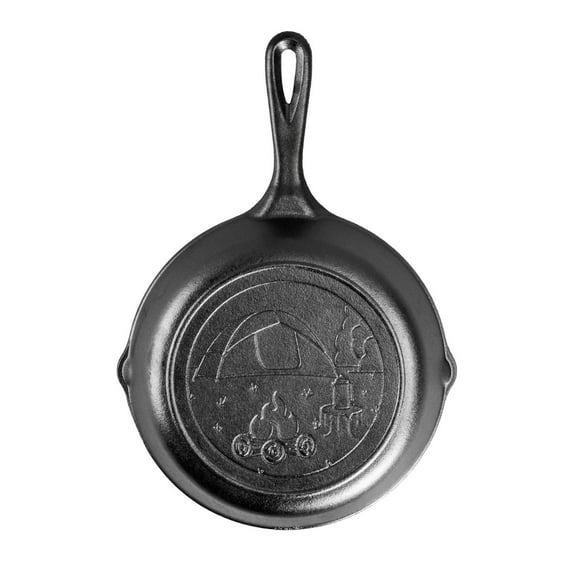 Lodge Cast Iron Cooking Skillet Seasoned Tent Scene Imprint 8 in