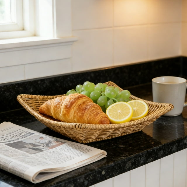 Wicker Basket, Plastic Woven Storage Basket, Imitation Rattan Bread Fruit Snack Tray for Kitchen Restaurant Outdoor Picnic, Yellow