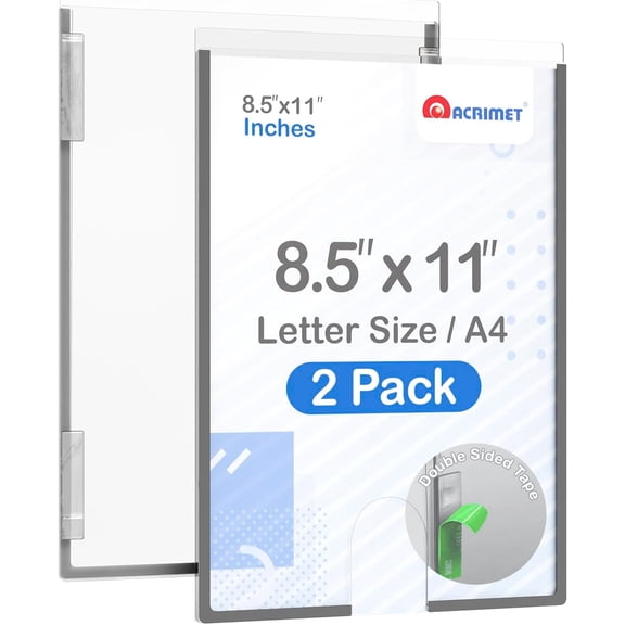 Acrimet Wall Mount Sign Holder Letter Size 8.5 X 11, Clear Crystal Plastic with Self Adhesive on The Back, Perfect for Displaying in Office, Restaurant, School, Home (2 Pack)