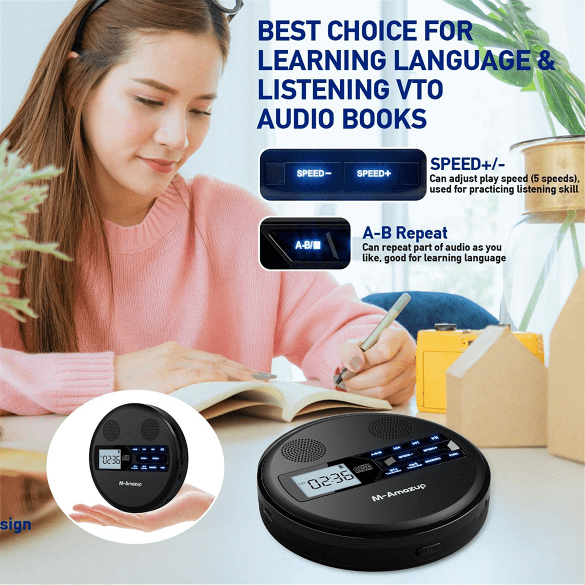 Multifunctional Discman CD Player with Bluetooth, FM, Headphones, Repeater, Learning Machine, USB Stereo Speaker Black