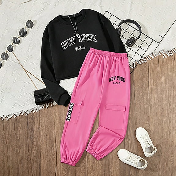 SNKSDGM Girls Birthday Girl Outfit 5 Years Old Girls Spring Outfits Size 7/8 Sets Girls City Letter Printed Round Neck Long Sleeve Cargo Pants Casual Fashion Solid Color Suit 8-9 Years