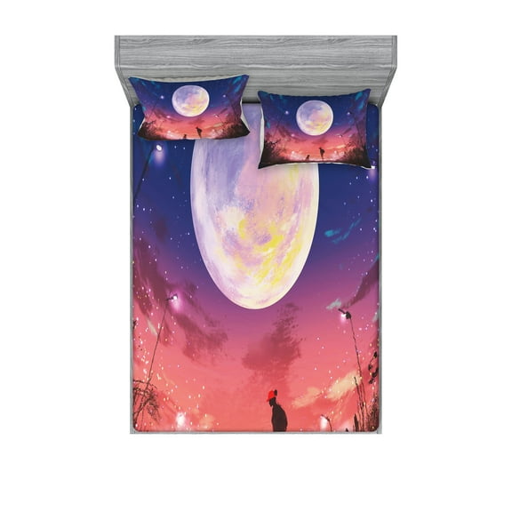 Ambesonne Fantasy Fitted Sheet & Pillow Sham Set, Dog Under Huge Moon, Full, Navy Coral