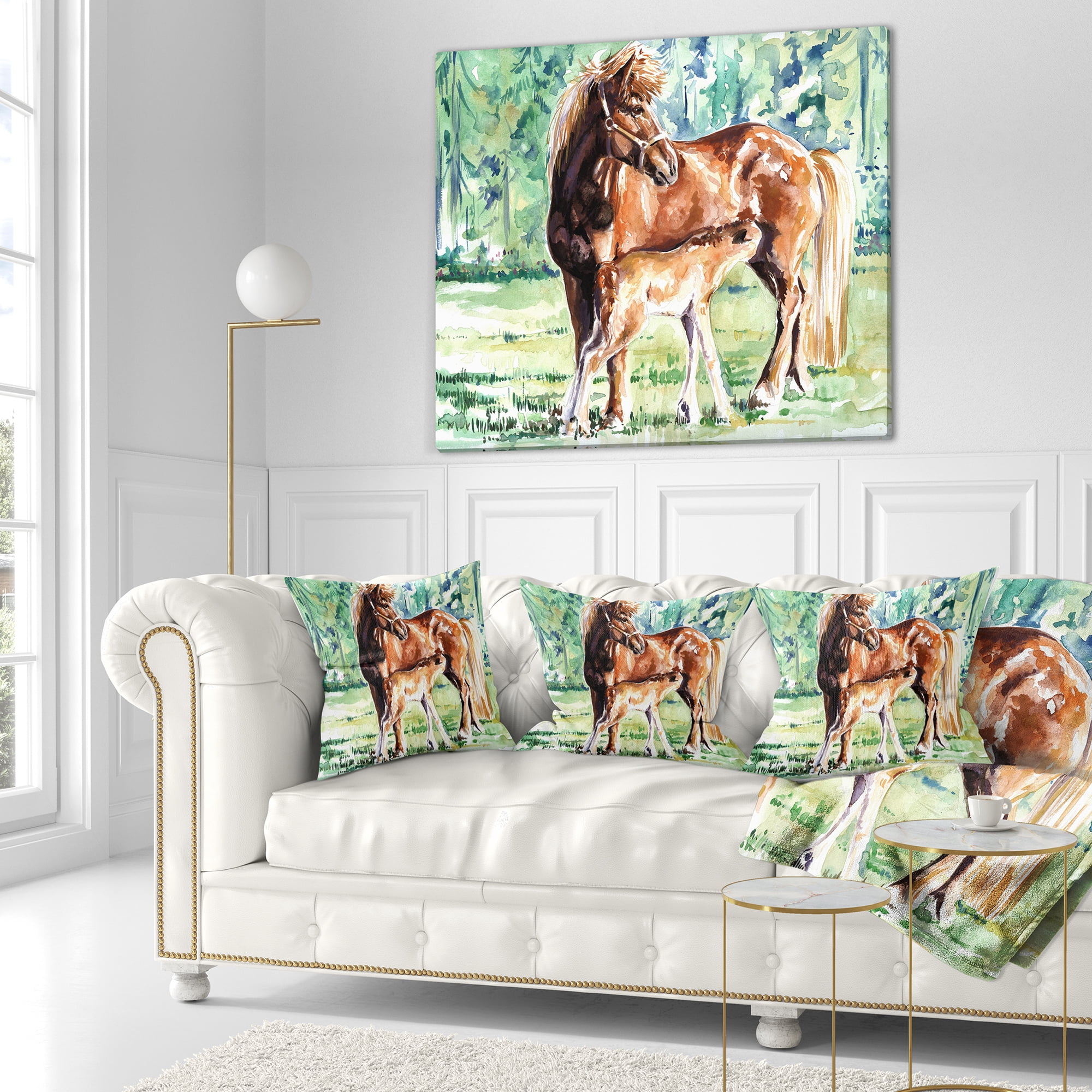 Designart Mare and Foal Watercolor - Abstract Throw Pillow - 18x18