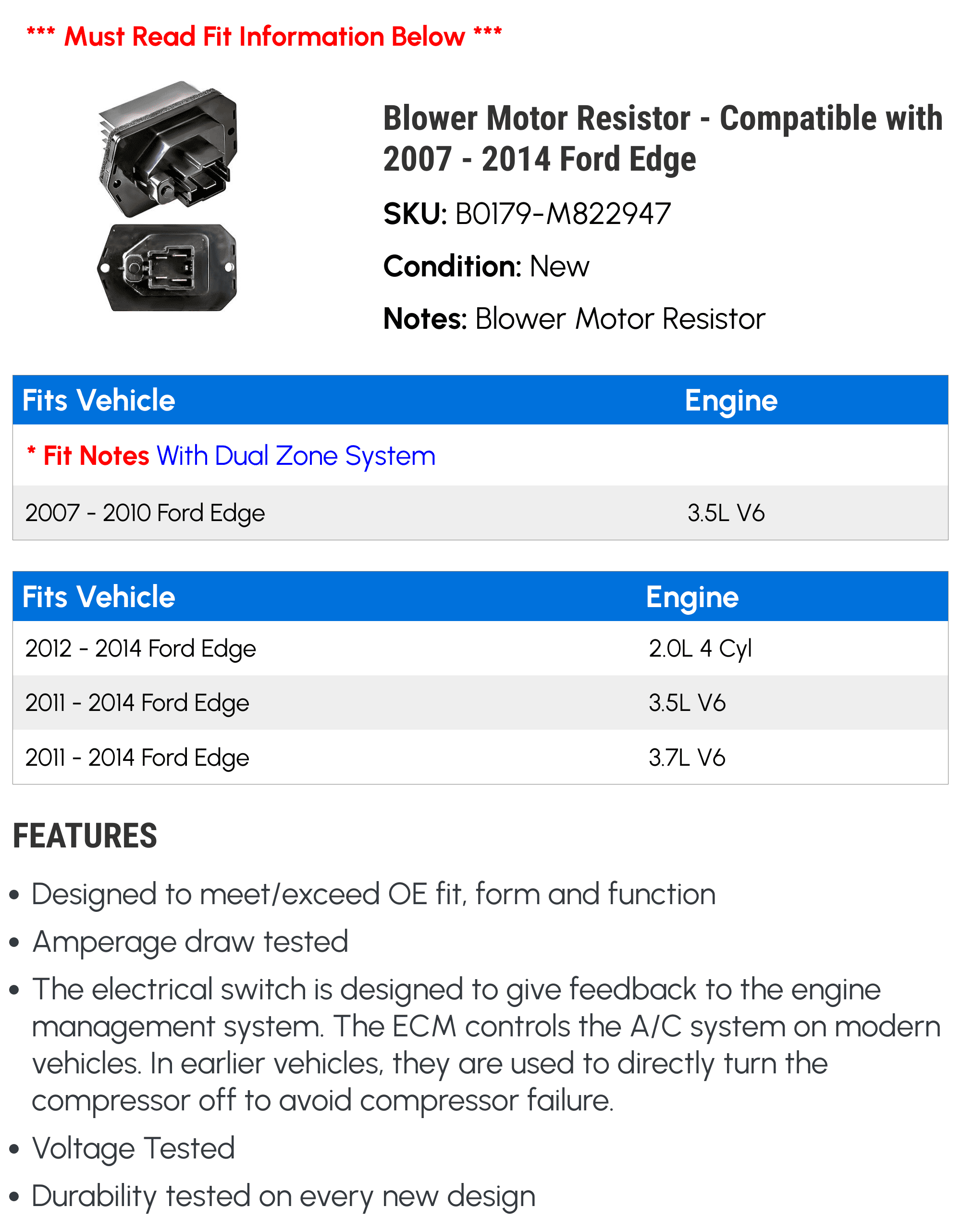 Blower Motor Resistor - Compatible with 2007 - 2014 Ford Edge 2008 2009 2010 2011 2012 2013