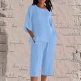 thumbnail image 2 of MaFYtyTPR 2 Piece Sets for Women Cotton Linen Solid Color Short Sleeve Crew Neck Shirt and Loose Wide Ledg Pants Casual Lounge Set for Summer A-Blue L, 2 of 4