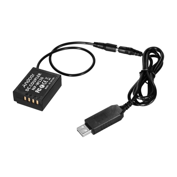 Adaptador Andoer 5V USB a NP-W126 Batería simulada Adaptador de acoplador de CC Compatible con cámaras Fuji X-A1 / X-A2 / X-A3 / X-E1 / X-E2 / X-M1 / X-Pro / X-T1 / X -T2 / X-T10 / HS33EXR / HS35EXR /