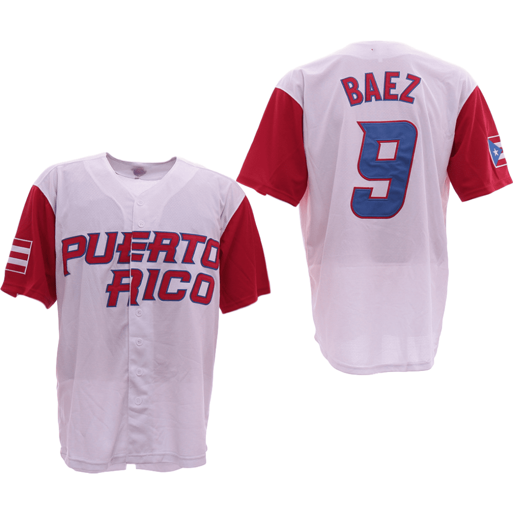Roberto Clemente #21 Baez #9 Men's Baseball Jersey Puerto Rico World Game Classic Stitched 