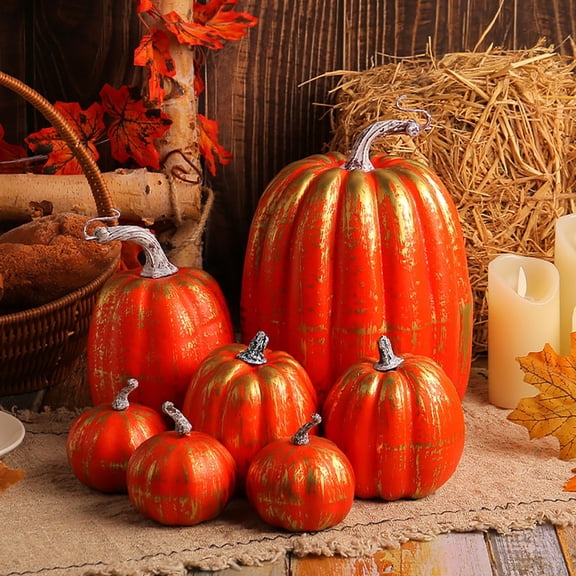 7 Pc Artificial Pumpkins with Maple Leaves Halloween Decor, Fall Harvest Thanksgiving Table Centerpiece for Home Display