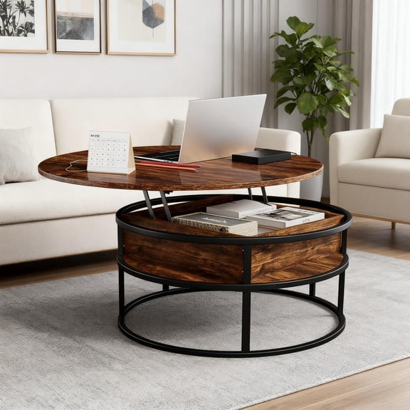 Easy4Home Round Lift-Top Coffee Table Center Table with Hidden Compartment Storage Shelf, Rustic Brown