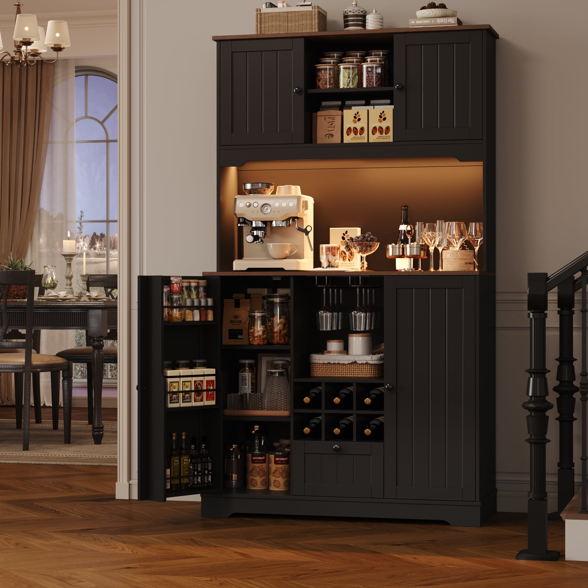 Homfa 71.3'' Kitchen Pantry Storage Cabinet with Charging Station, LED Light Kitchen Hutch Cabinet with Doors and Shelves and Wine Holder, Black