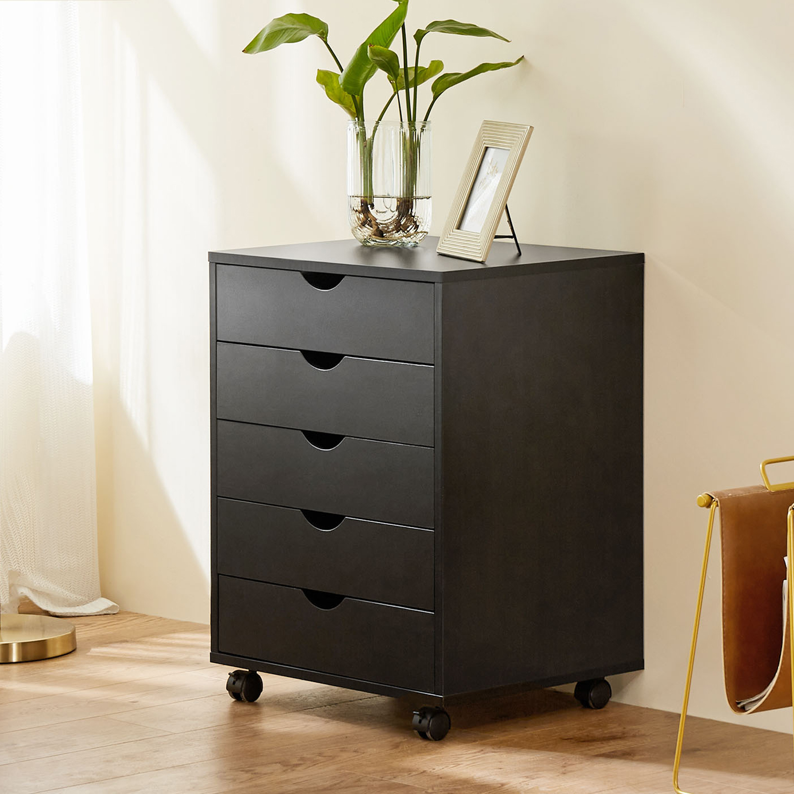 LIFERECORD 5-Drawer Chest, Wood Storage file Cabinet Rolling Storage Dresser with Wheels for Home Office, Black