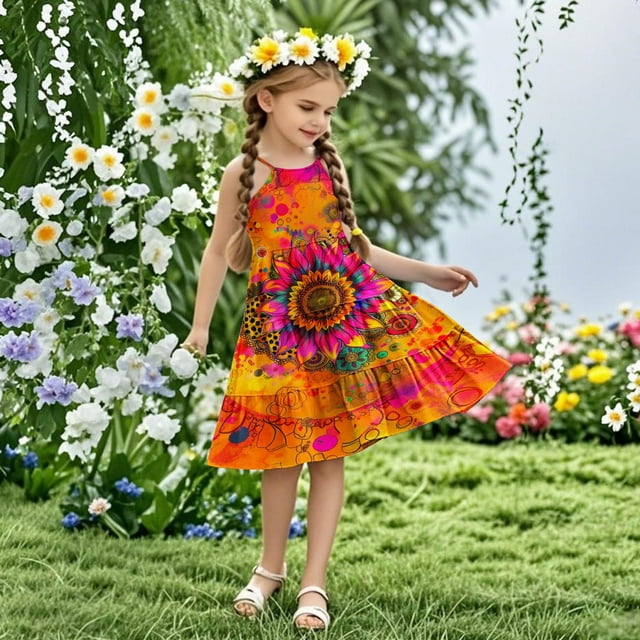 LOVZFMLL Robe d'Été Sans Manches à Bretelles Boho pour Fillettes, 4-14 Ans
