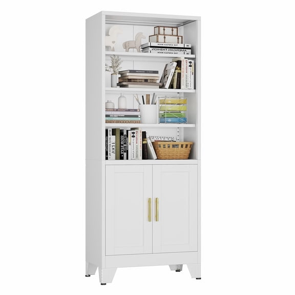 White Metal Bookcase With Doors 71 Inch Tall 6-Tier Storage Shelf For Home Office