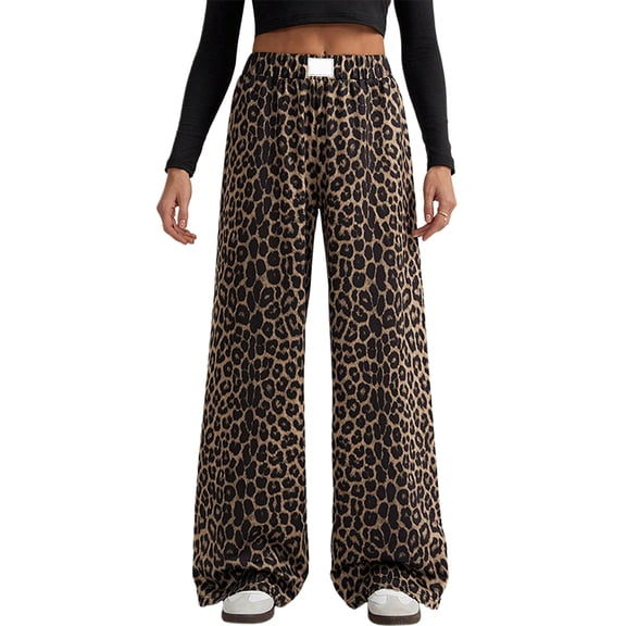 Women'S Leopard Print Wide-Leg Pants Elastic Waist Y2K Trousers Bottoms Wide-Leg Pants S