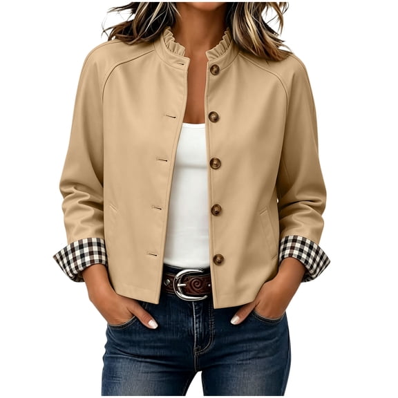 QIYAGBSA Cropped Jackets for Women Ruffle Stand Collar Button Down Plaid Cuffs Lightweight Long Sleeve with Pockets for Fall Casual Weekend Wear