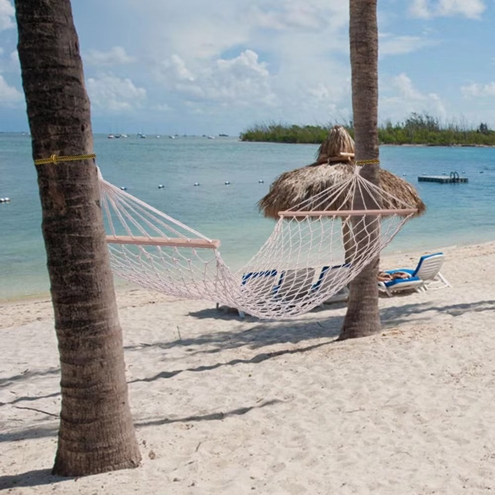 FanciHome Wood Pole Cotton Rope Hammock Bed for Outdoor Camping Beach