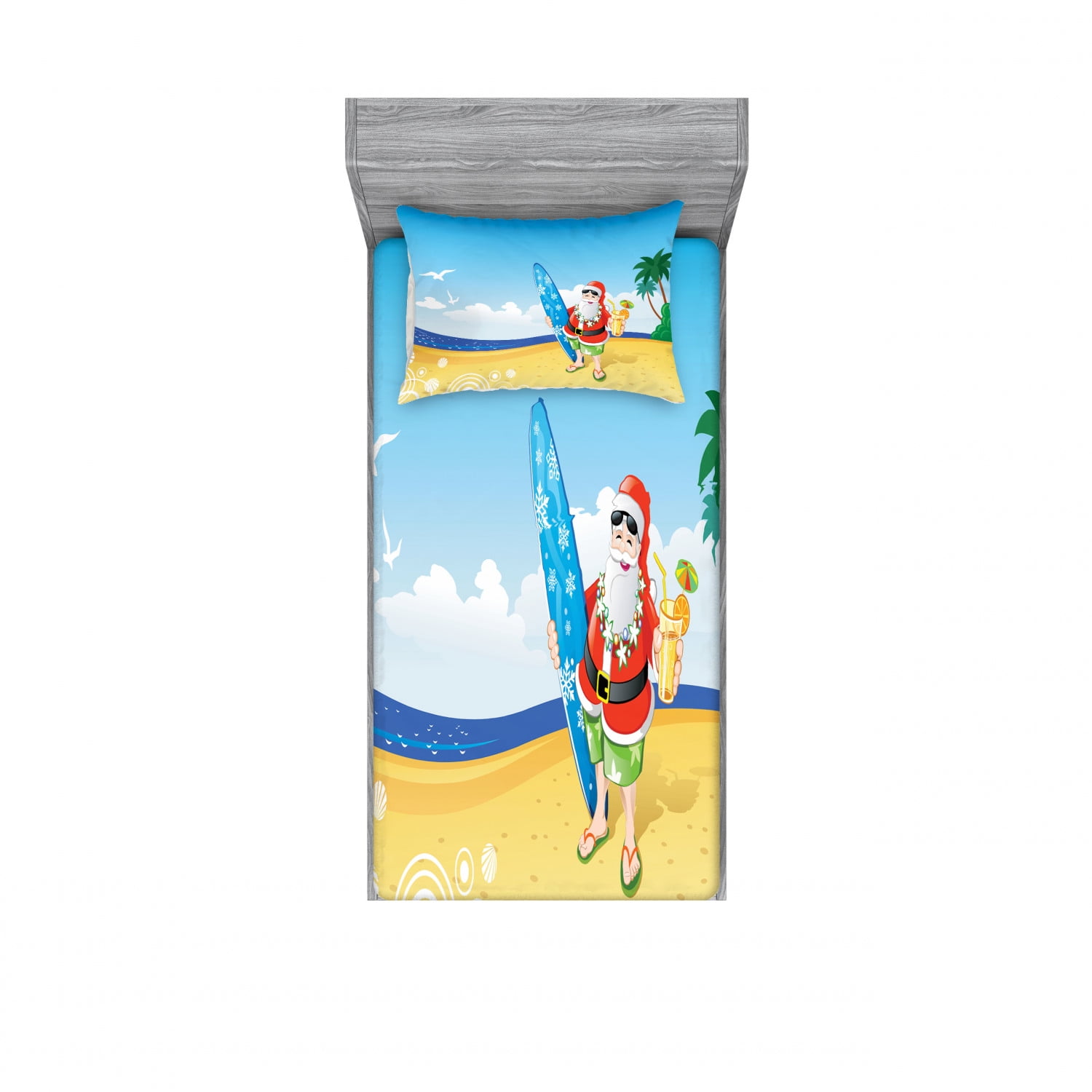 Christmas Bedding Set with Sheet & Covers, Santa Claus on the Beach