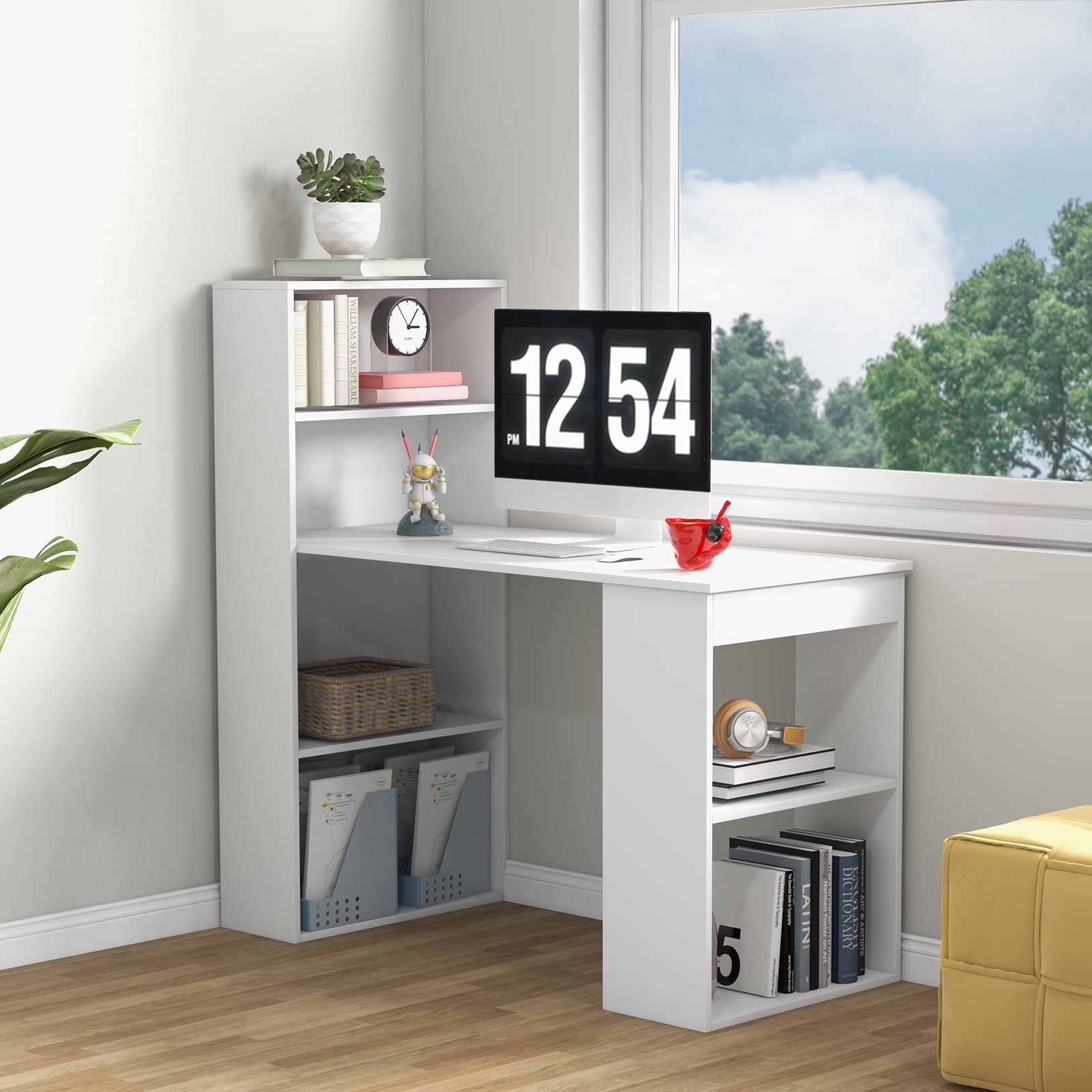 Topbuy 48 Inch Computer Desk with Bookshelf 3-in-1 Home office Desk with 4-Tier Bookcase & CPU Stand Space-saving Reversible Writing Desk White