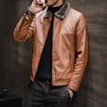 thumbnail image 4 of Chaqueta de cuero sintético con cuello de piel de color caqui y negro para hombre, ropa de calle lisa de forro polar, ropa informal para hombre, abrigo de cuero, prendas de vestir exteriores 2022, 4 of 4
