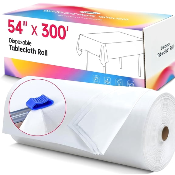 Plastic Table Cloth Disposable, X 300Ft White Table Cover with Roll 54In, White