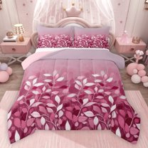 jejeloiu Pink White Leaves Bedding Comforter Set,Natural Botanical Twin Comforter Sets,Modern Art Bedding Set For Gitls Teens,Ultra Soft Home Decor Reversible,2-Piece