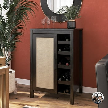 Queer Eye Wimberly Bar Cabinet, Black Oak with Faux Rattan