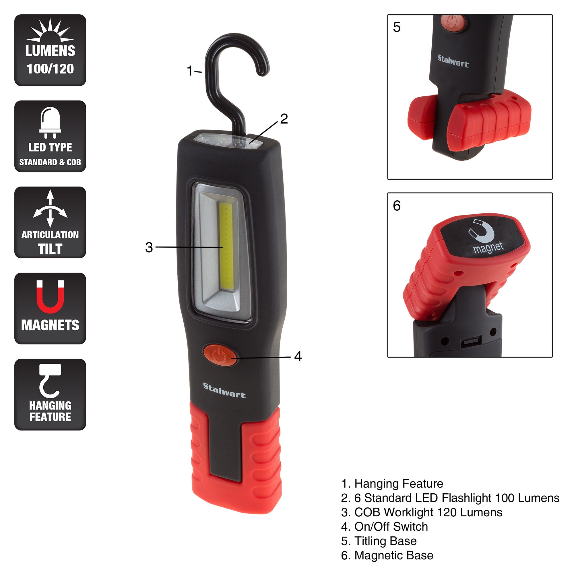 S8087 Worklight Torch COB LED 120 Lumen Magnetic Base Hanging Hook by Am-tech for sale online 
