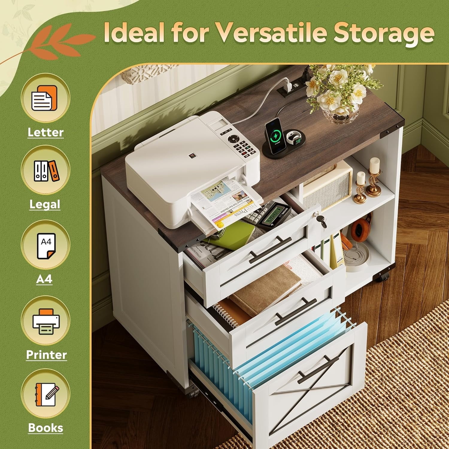 Wood File Cabinet with Charging Station, Mobile Lateral Filing Cabinet with Lock for Home Office, Printer Stand with Open Storage Shelves, Cottage Style White