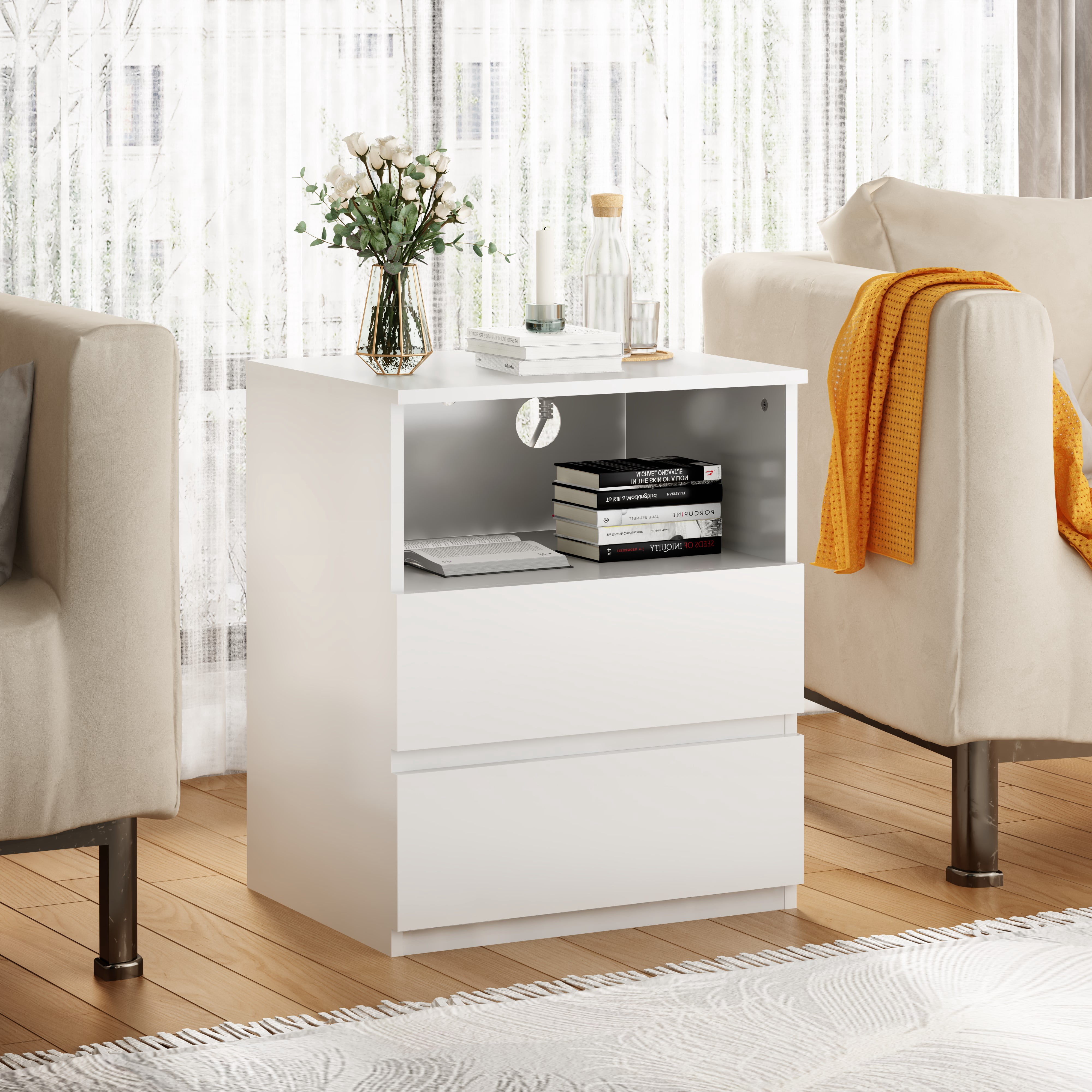 Mintazer Nightstand Set of 2, Bedside End Table with Charging Station, 2 Drawers & Open Storage Compartment, Particle Board Side Table for Bedroom Living Room, White
