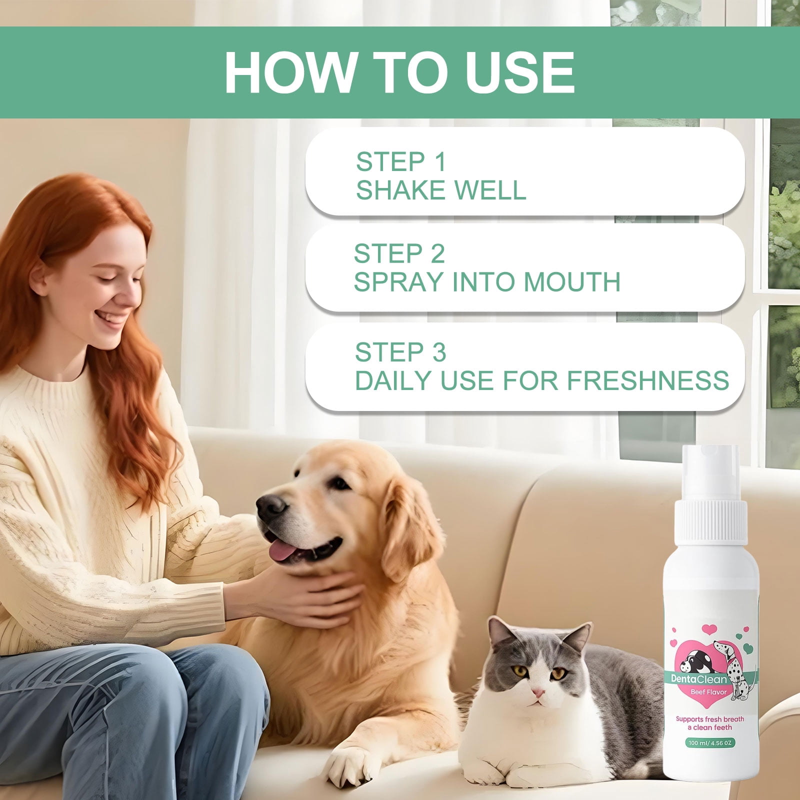 Dentaclean Spray for Dogs & Cats – No-Brush Dental Care, Plaque & Tartar Remover, Natural Breath Freshener, Supports Gum Health – Easy Spray Formula（1PC)