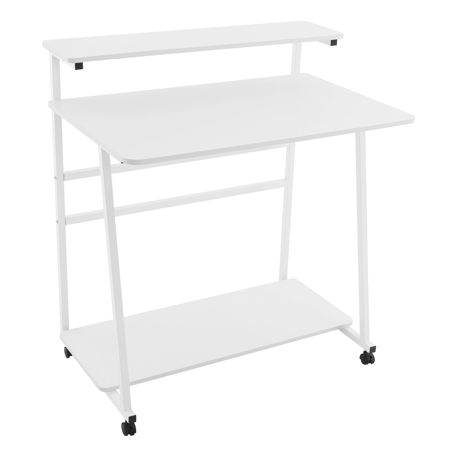 Free Standing Home Office Desk, Rolling 3-Tier Computer Desk (White)