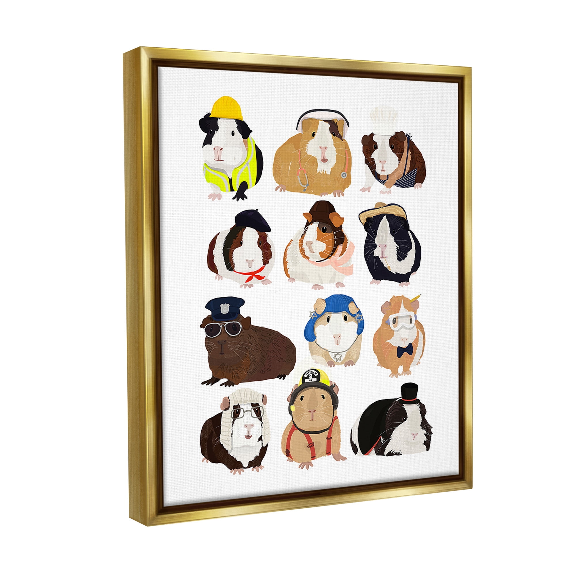 Stupell Industries Guinea Pigs Various Uniforms Animals & Insects Painting Gold Floater Framed Canvas Art Print Wall Art, 17 x 21