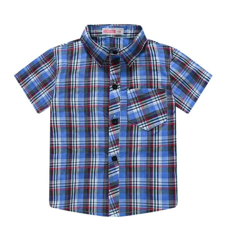 

Boys Fashion Tops Crew Neck Short Sleeve Kids Tops Plaid Print Blue 100