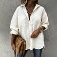 thumbnail image 2 of Women's Linen Shirts Solid Color Stand Collar Button Up Loose Casual Long Sleeve Shirt Long Sleeve Shirts for Women, 2 of 7