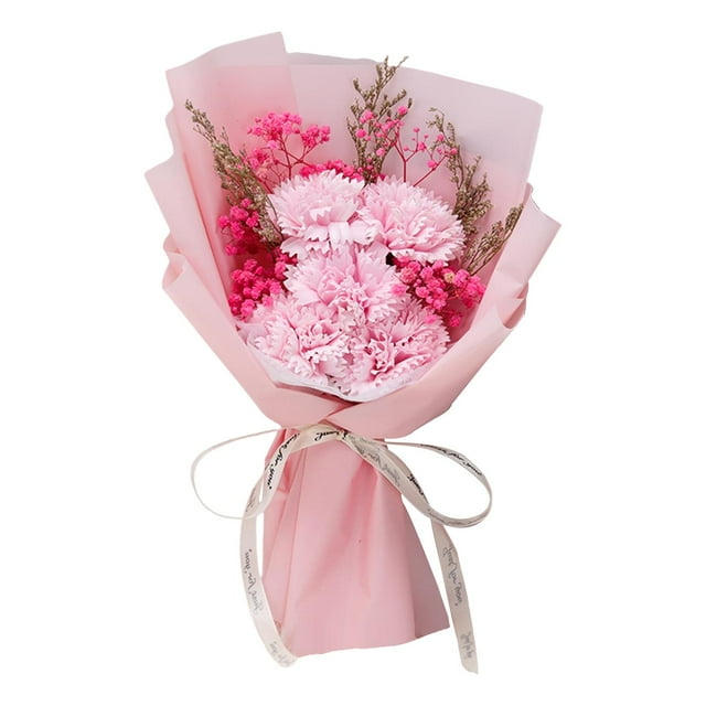 Ramo de flores de jabón artificial realista de tacto suave de 11,8 x 7 pulgadas hecho a mano agradable clavel rosa