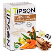 Tipson Organic Turmeric Caffeine Free Herbal Tea - Organic Cinnamon and Vanilla Flavor - 25 Foil Enveloped Double Chambered Bags - Keto/Paleo