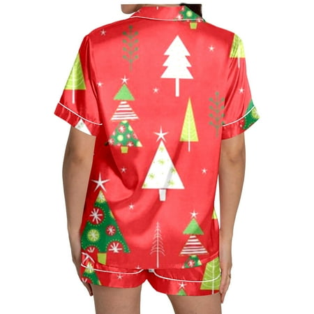 JIANJIA Womens Pajama Sets Christmas Tree Print Silk Satin Lapel Short Sleeve Tops With Shorts Sleepwear Nightwear