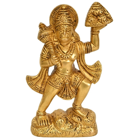 5" Lord Hanuman Idol Standing on Mountain | Handmade Brass Figurine | Made in India