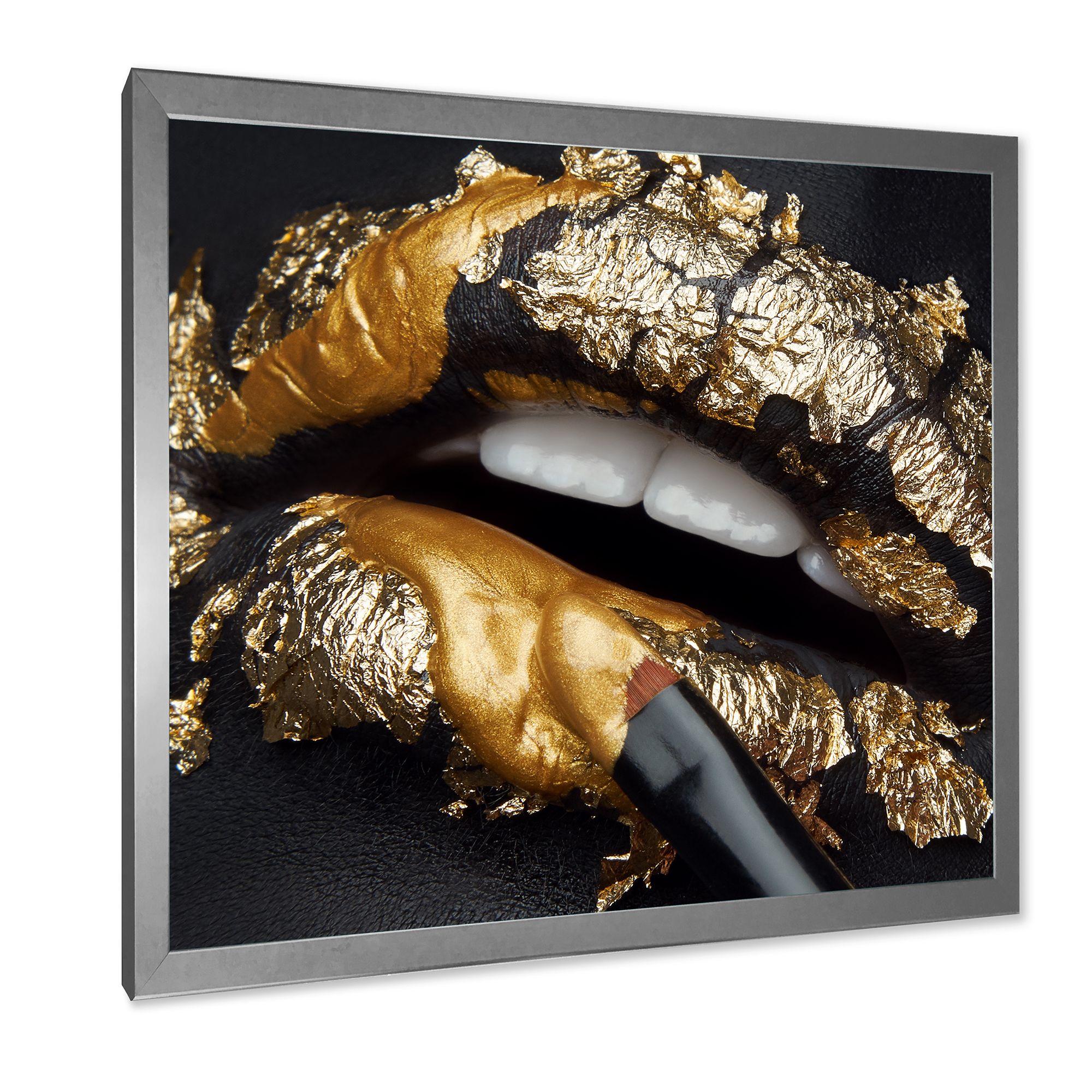 Designart 'Female Lips With Black Leather and Gold Foil' Modern Framed Art Print
