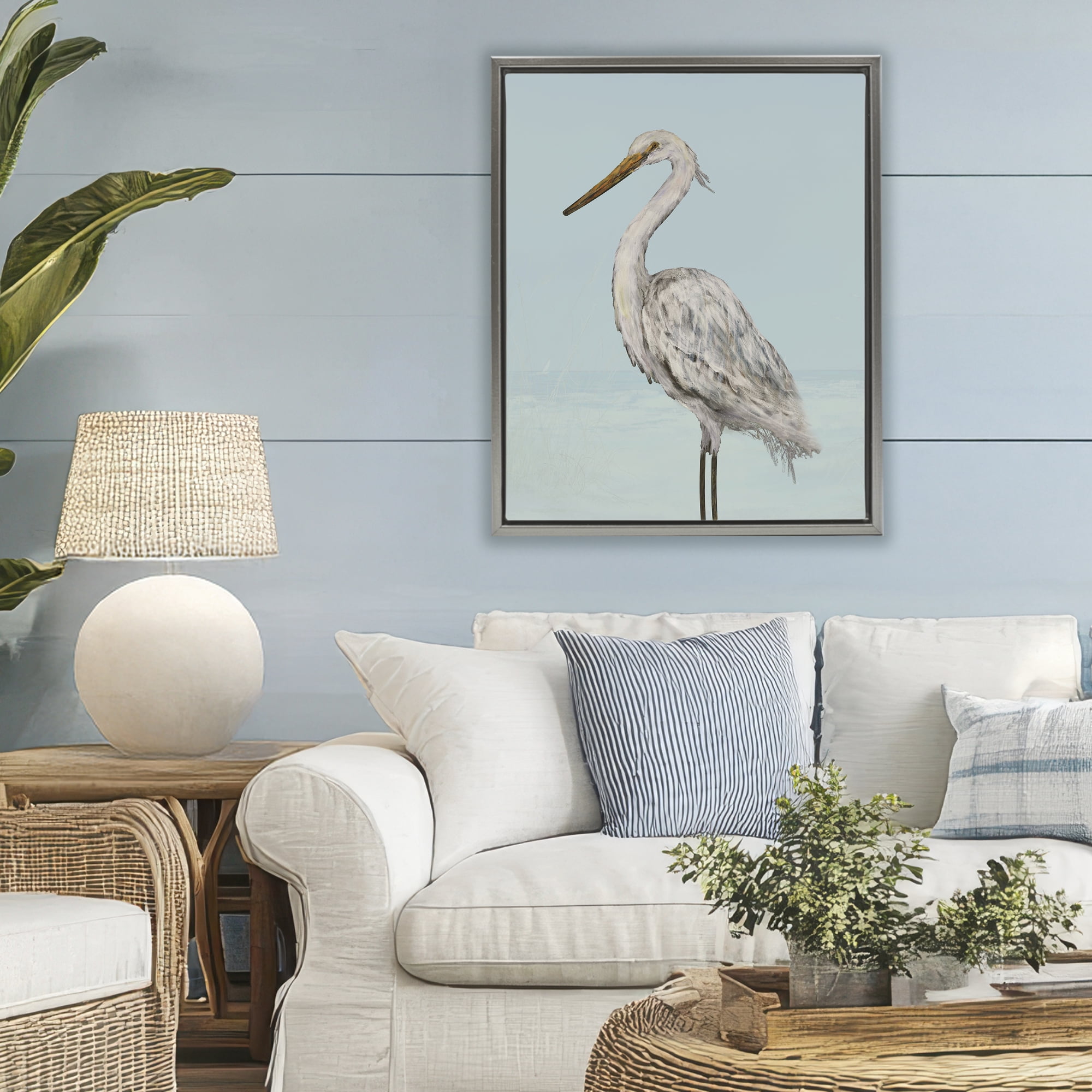 Stupell Industries Coastal Heron Muted Blue Gray Framed Floater Canvas Wall Art, design by Julie DeRice